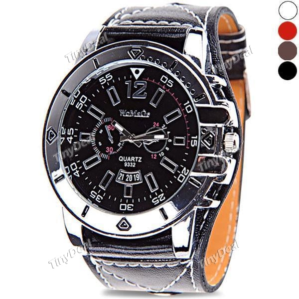 Fashion Wide Leather Band Strap Round Case Style Male Men Business/Leisure Quartz Wrist Watch WMN-145945