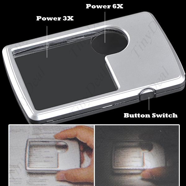 Mini Credit Card Style 3x & 6x Glass LED Illuminated Eye Magnifier Magnifying with 2 CR2016 Batteries for Tiny Objects HLB-21515