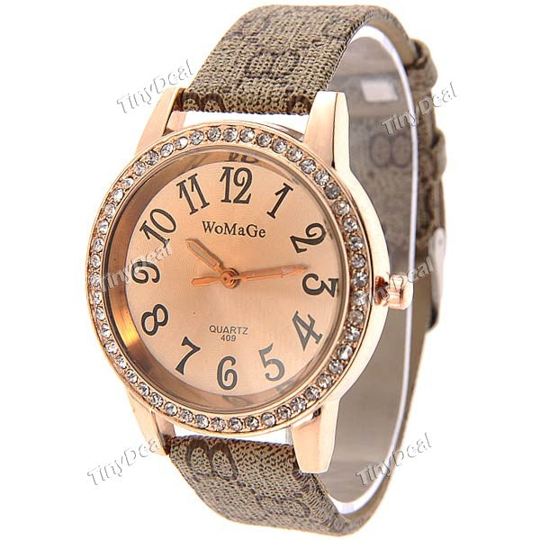 Stylish PU Leather Strap Quartz Watch Wristwatch Timepiece with Rhinestones Decor for Girl Lady - Color Assorted WWM-219561