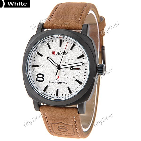 CURREN Chic Round Case Quartz Analog Wristwatch Timepiece with Genuine Leather Band for Men Boys