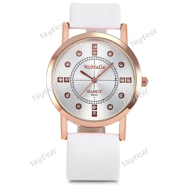 Stylish White Leather Band Ladies' Wrist Watch w Shining Crystal Round Silver Face Analogue Quartz W7-9522