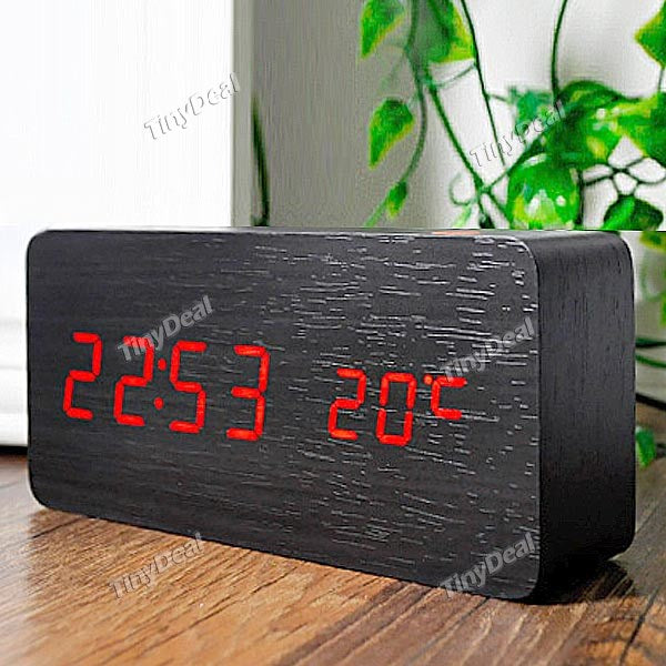 Rectangular Black Wooden Clock Temperature Display for Home Office Use HHIHE-303200