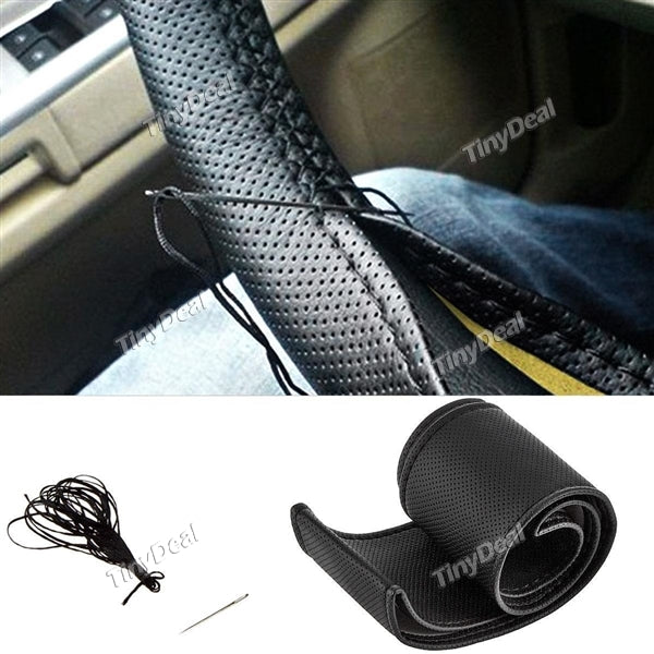 DIY Leather Car Steering Wheel Cover with Needle and Thread - Black RTH-330161