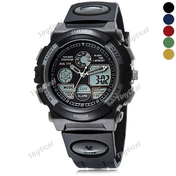 HSEN AD1501 Quartz Digital 2-movt Watch Military Sports LED Stopwatch Date Watch 5ATM Water Resistant WWT-407102