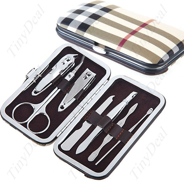7Pcs Stainless Steel Cosmetic Pedicure Manicure Nail Tools Nail Care Clipper Set Kit - Plaid Leather Case Box HBI-41305