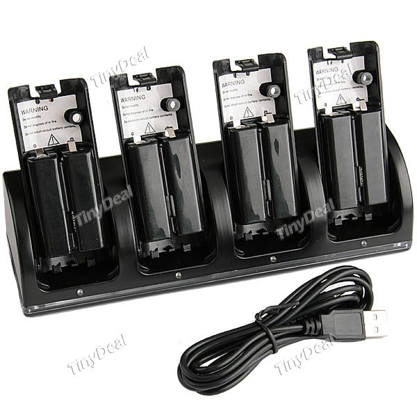 Black 4 in 1 Blue Light Charging Station Dock + 4 Rechargeable Battery Packs for Nintendo Wii GWI-46713