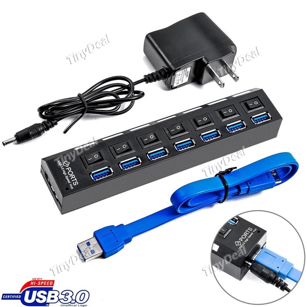 7-port USB 3.0 Hub with Power Switch & External Power Input Port + US Plug AC Power Adapter f PC Laptop EPA-481705