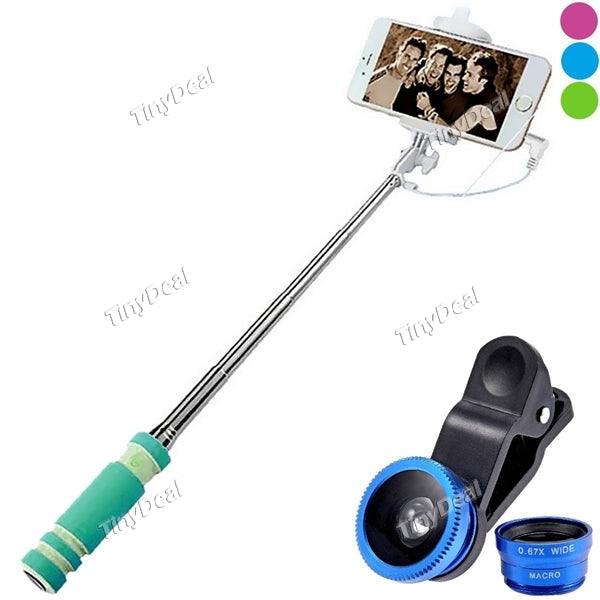 Mini Extendable Wired Remote Control Selfie Monopod + 3 in 1 Fisheye Macro and Wide Angle Camera Lens EPATH-485457