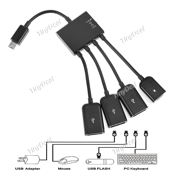 4 in 1 Micro USB OTG Hub 4-Port Spliter to 1 OTG Host Adapter Converter Extender Cable with Charging Function HHI-495780