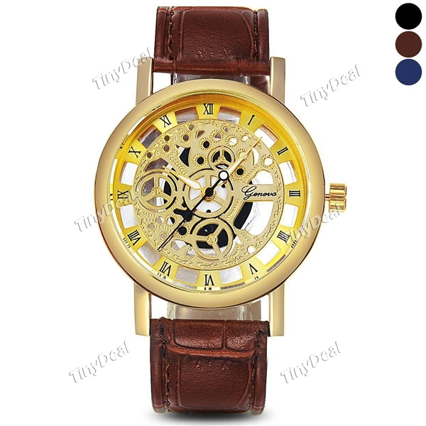 Unisex Geneva Hollow Dial Quartz Watch Imitation Mechanical Watch Appearance PU Leather Band Gold Case WWT-502007