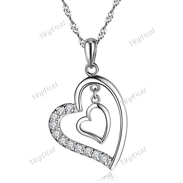 925 Sterling Silver Pendant Double Love Heart Imitated Crystal Necklace Pendant
