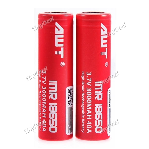Authentic AWT 2PCS 40A 3000mAh Rechargeable 18650 Batteries Flat Top Battery High Drain - Red
