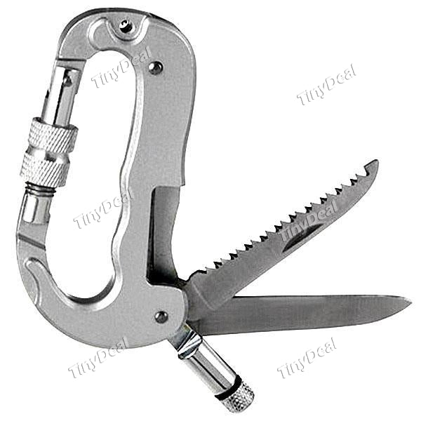 4 in 1 Multifunctional Aluminium Alloy D-shaped Carabiner Clip-On Clamp Key Chain Hook w Dual Knife & LED Torch NLC-509740