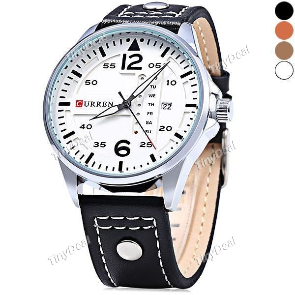 Curren 8224 Dual Calendar Day Date Display Men Quartz Genuine Leather Watch WWT-510596