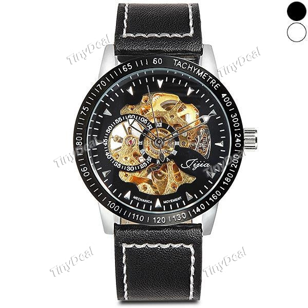 JIJIA 8010 Men Mechanical Watch Self-winding Hollow-out Round Dial Leather Wristband WWT-513579