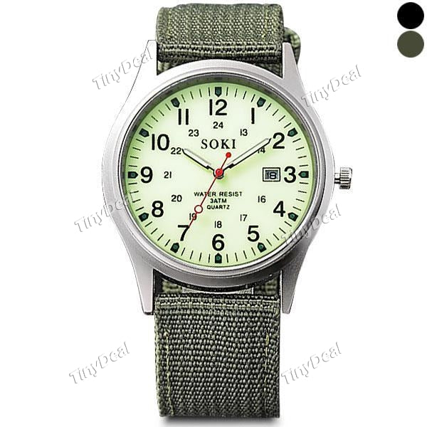 SOKI Quartz Watch with Date Canvas Strap Band Round Dial