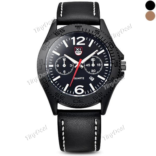 XINEW Leather Band Strap Calendar Function Quartz Men Watch