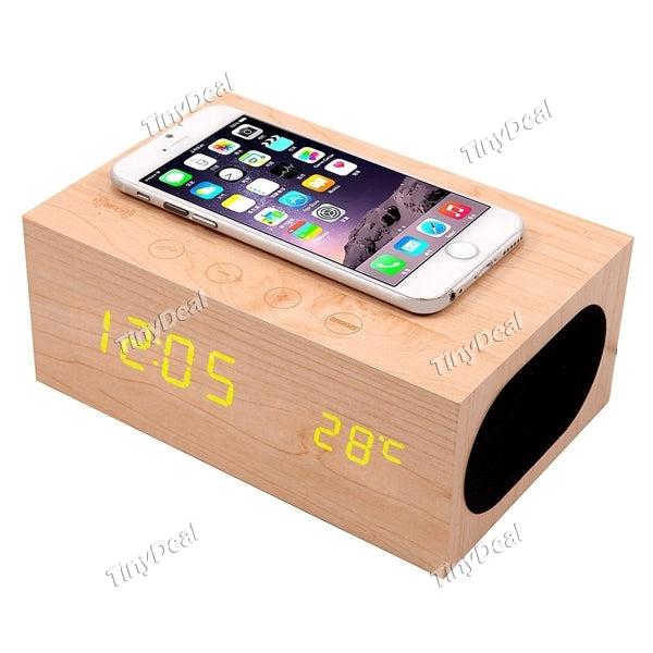 Wooden Box Bluetooth Music Speakers with Wireless Charging and Display Clock Weather Multifunction for Smartphone