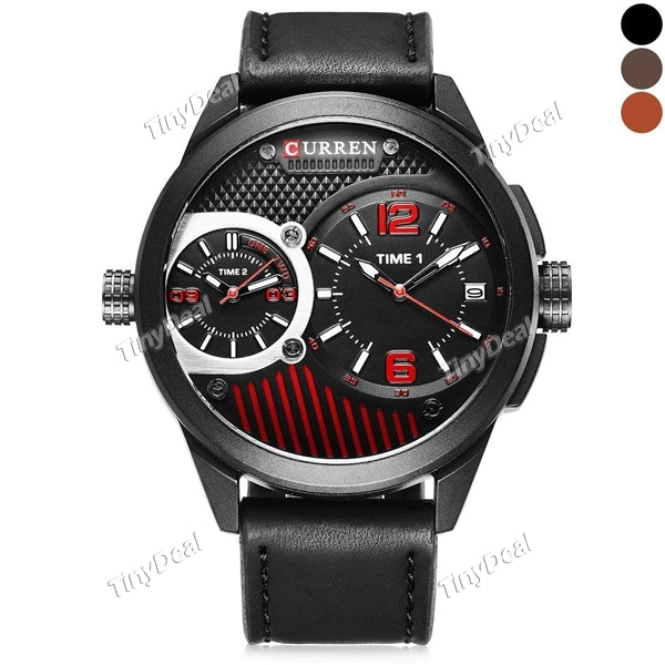 CURREN 8249 Big Dial Dual Move Calendar Function Men Leather Band Strap Quartz Watch