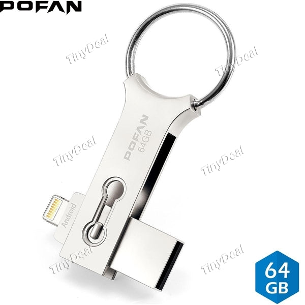 POFAN 3-in-1 64GB USB 2.0 Key Ring Chain Waterproof Metal U Pen Flash Drive for iOS Android and PCs