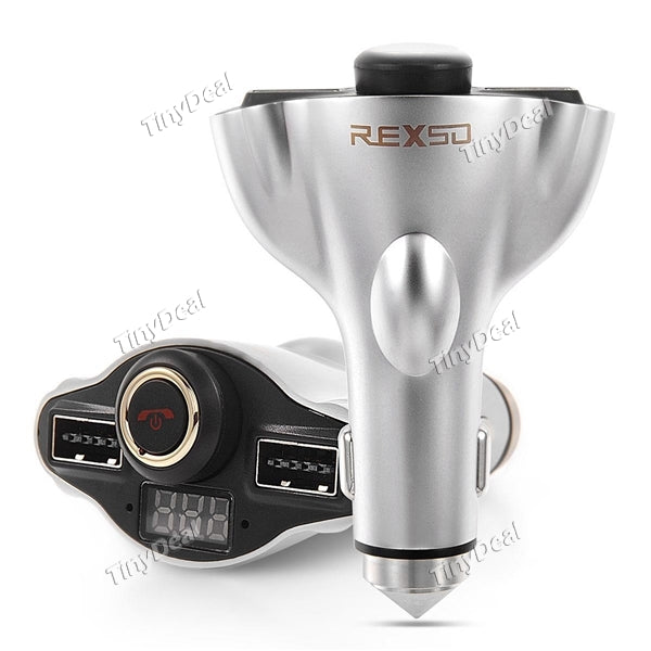 Rexso 4-in-1 Bluetooth Headphones Dual USB Safety Hammer Car Charger with Wireless Headset Handsfree Stereo Earphone