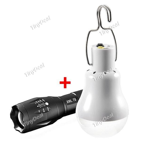 CREE XM-L T6 1-LED 3800LM 5 Modes Zoom LED Flashlight & Portable Solar Power LED Bulb Lamp Outdoor Camp Tent Fishing Tent Light