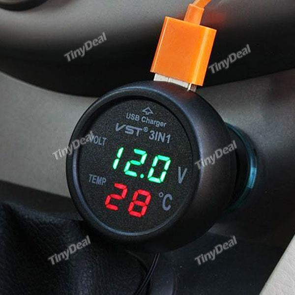 VST 3-in-1 Car USB Charger 12V 24V Digital LED Display Voltmeter Temperature Monitor