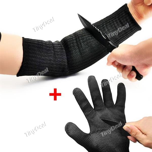 1Pair Self-Defense Durable Cut-Resistant Protective Sleeves & 1Pair Level 5 Cut Resistant Stainless Steel Wire Mesh Gloves