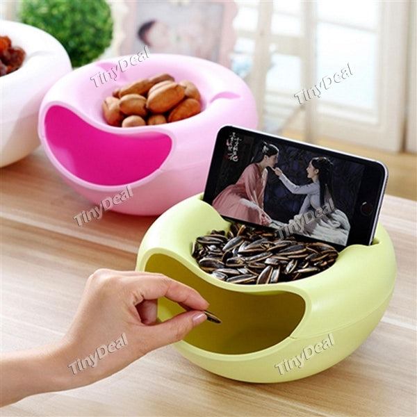 [RANDOM COLOR] 2 in 1 Double Dish Serving Bowl with Cellphone Holder for Nuts Fruits Candies Snacks