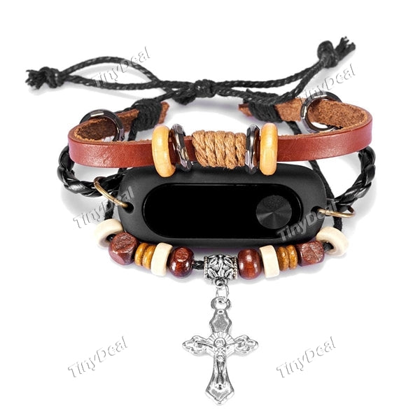 Replacement Multilayer Crucible Retro Beaded Leather Bracelet Retro Wrist Strap Band for Xiaomi Miband 2