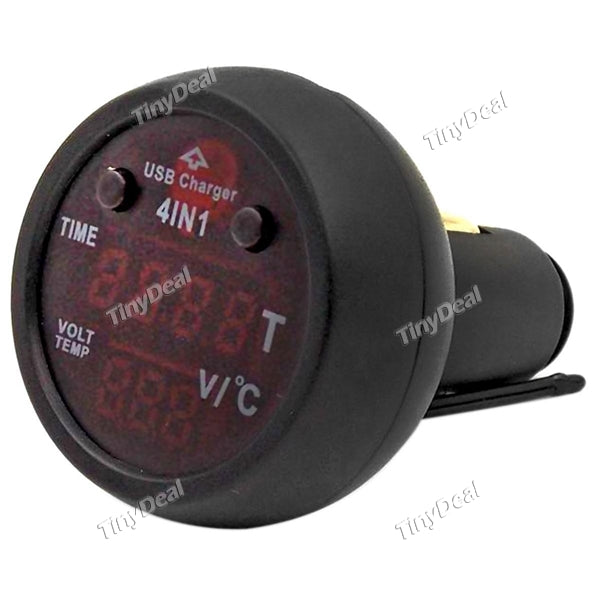 Newest 4-in-1 12V Car Charger Calendar Time Clock Display Digital Thermometer Battery Monitor Voltmeter 2.1A