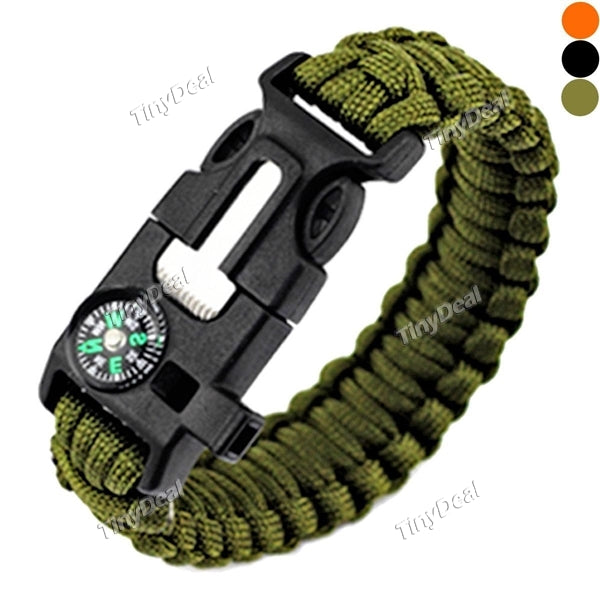5-in-1 Survival Bracelet Travel Kit – Compass Flint Fire Starter Whistle Buckle Rope Scraper Knife