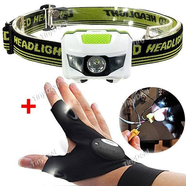 4 Modes 600LM Super Bright Mini Headlight + Magic Strap Fingerless Glove with LED Light