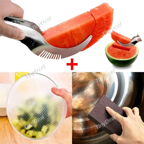 1pcs Silicone Sealing Vacuum Lid + 1pcs Watermelon Slicer + 1pcs Nano Emery Brush