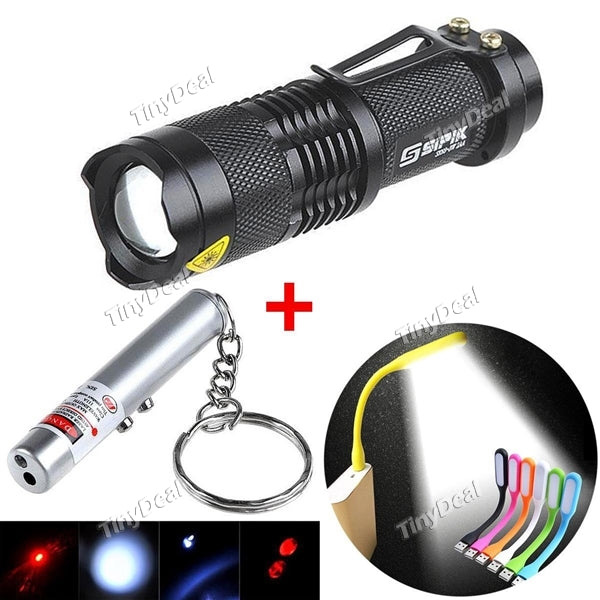 Portable USB LED Light + 2-in-1 Keychain Laser Torch + SK68 3-Mode Torch