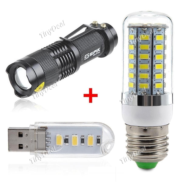 SK68 3-Mode Torch + 2W USB Natural White Corn Bulb + 1650LM Warm White Corn Bulb