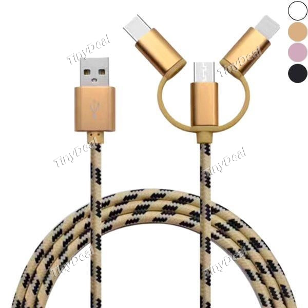 3 in 1 Cable Nylon-Coating Fast Charging 8Pin Type-C Micro-USB Durable for Universal Cellphone Tablet PC