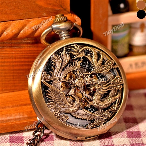 Vintage Chinese Flying Dragon Pendant Bronze Tone Cable Chain Pocket Watch Mechanical Hand Wind Gift Watch