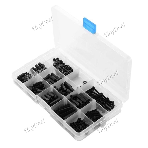 260Pcs M3 Black Nylon Spacers Hex Cap Nut Phillips Screw Stand-off M-F Assortment Kit Plastic Box Set