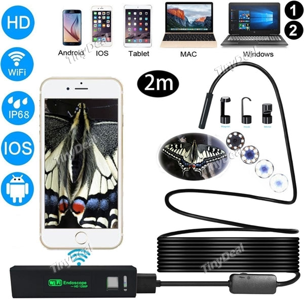 YPC110 2M WiFi Endoscope IP68 Waterproof HD 1200P Borescope with 8-LED Light for Android iOS System Soft/Hard Cable