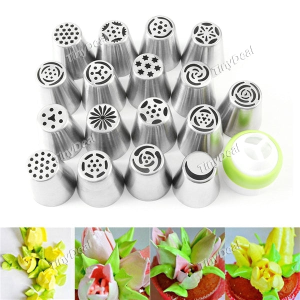 17Pcs Stainless Steel Nozzles Russian Tip Cake Cupcake Decorating Icing Piping Nozzles Rose Flower Cream Tips