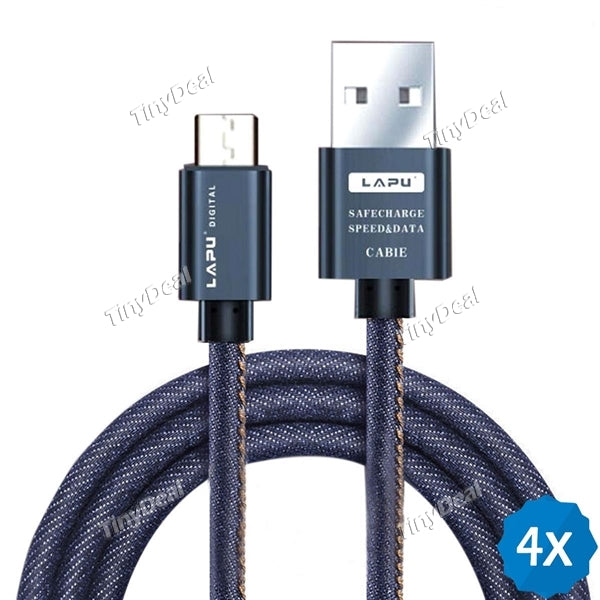 4pcs Durable Denim Fabric Cable Micro-USB 2.1A 1M Fast Charging/Data Sync for Universal Cellphone Tablet PC