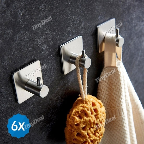 6pcs Single Hook 304 Stainless Steel Hook Heavy Duty Ultra Strong Self Adhesive Damage Free Stick Towel Hanger
