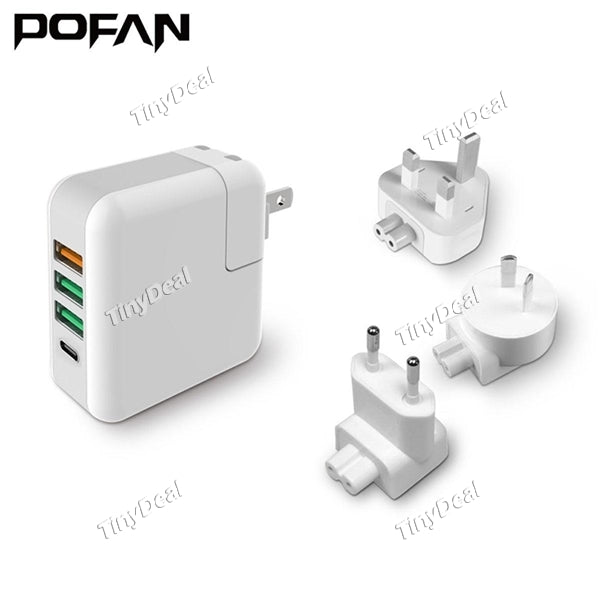 2pcs QC3.0 Charger POFAN 4-Ports Power Adapter 3USB+1Type-C 5V/2.4A 9V/2A 12V/1.5A UK/US/EU/AU Plug for Phone