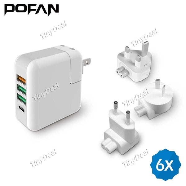 6pcs QC3.0 Charger POFAN 4-Ports Power Adapter 3USB+1Type-C 5V/2.4A 9V/2A 12V/1.5A UK/US/EU/AU Plug for Phone