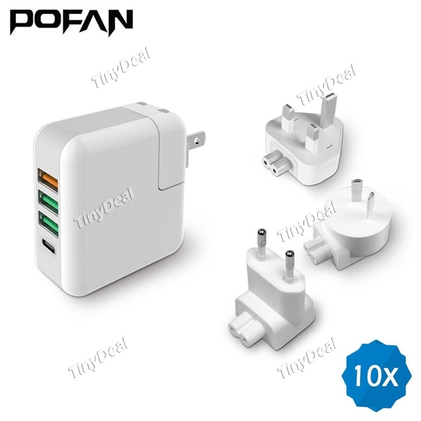 10pcs QC3.0 Charger POFAN 4-Ports Power Adapter 3USB+1Type-C 5V/2.4A 9V/2A 12V/1.5A UK/US/EU/AU Plug for Phone