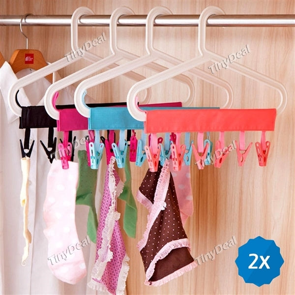 2pcs Portable Folding Clothes Hanger Clothes Drying Rack With 6 Clips for Travel - Assorted Color