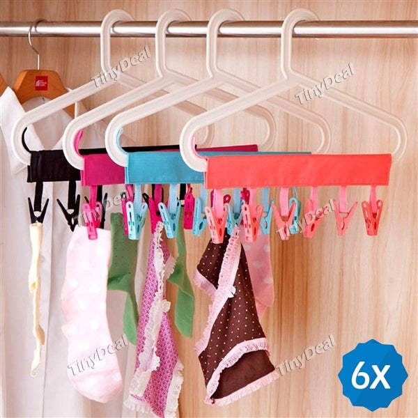 6pcs Portable Folding Clothes Hanger Clothes Drying Rack With 6 Clips for Travel - Assorted Color