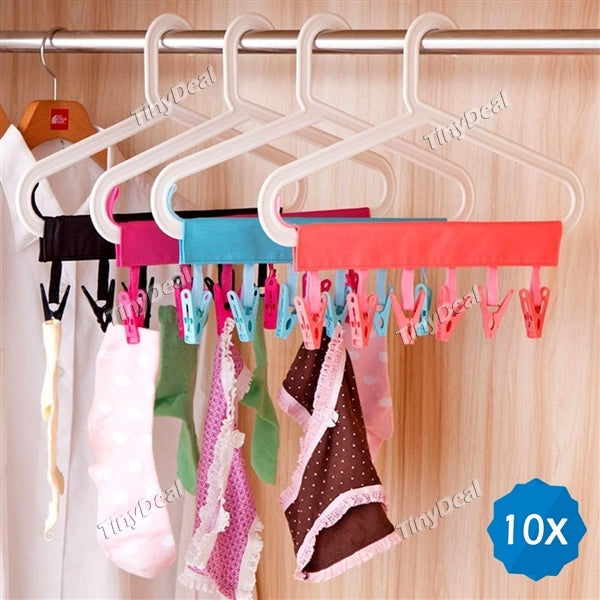 10pcs Portable Folding Clothes Hanger Clothes Drying Rack With 6 Clips for Travel - Assorted Color