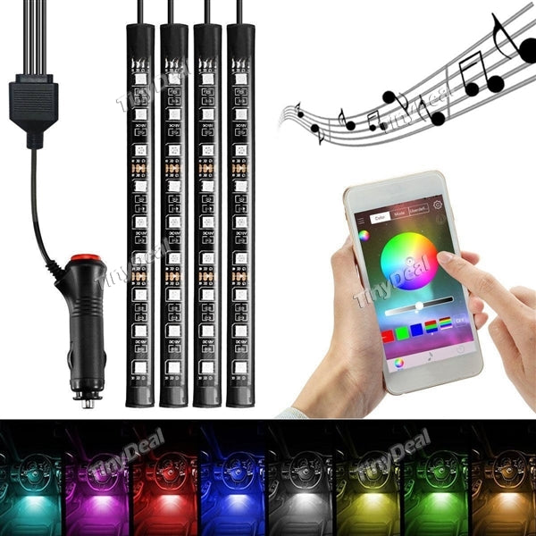 4 Sets Multi-Color LED Car Interior APP Music Control RGB Underdash Neon Strip Lighting Kit
